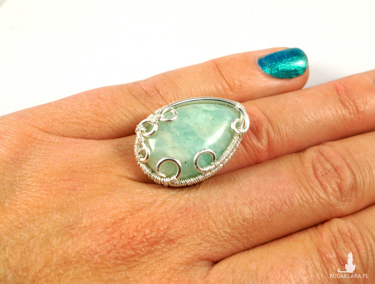 Amazonit, srebrny pierścionek z niebieskim amazonitem, ręcznie wykonany, prezent dla niej, prezent dla mamy, prezent urodzinowy biżuteria